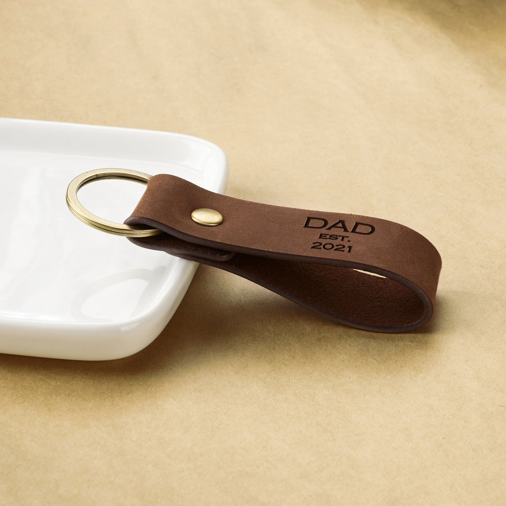 Personalized Dad EST Leather Keychain, New Dad Birthday Gift from Wife