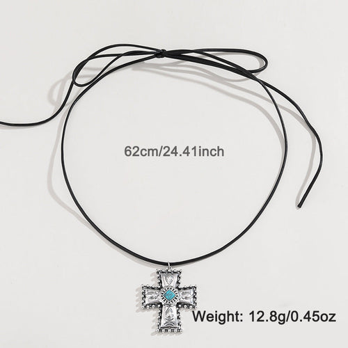 Personalized Turquoise Wax Rope Necklace Embossed Vintage Cross